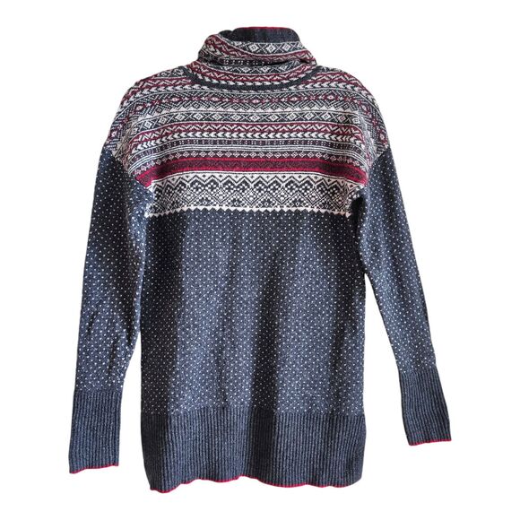EDDIE BAUER Women's S Sweater Fair Isle Oslo Funnel Neck Gray Red Wool Blend 36" - Picture 10 of 10